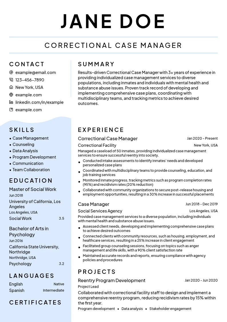 Correctional Case Manager resume example