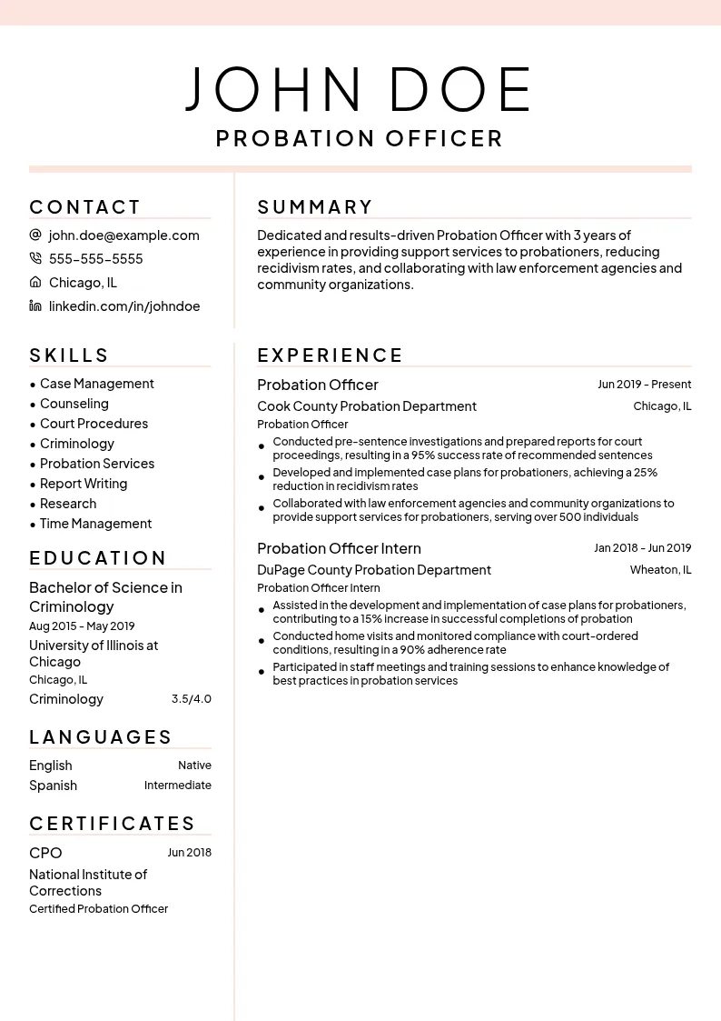 Probation Officer resume example