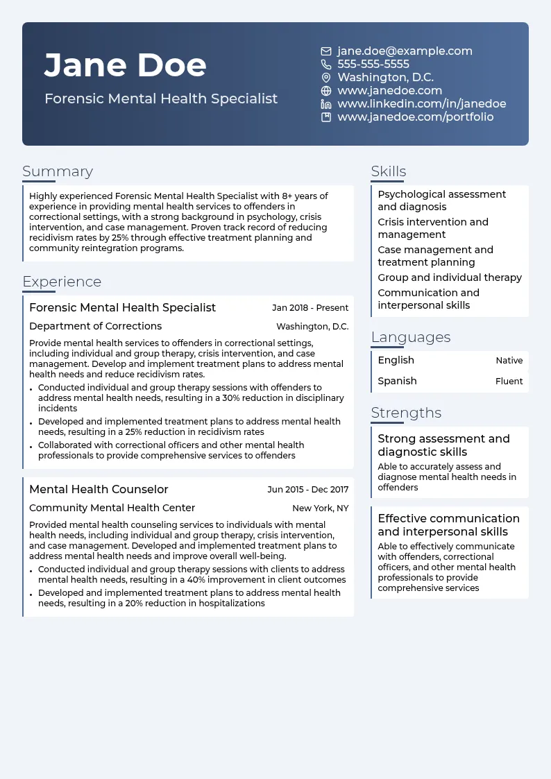 Forensic Mental Health Specialist resume example