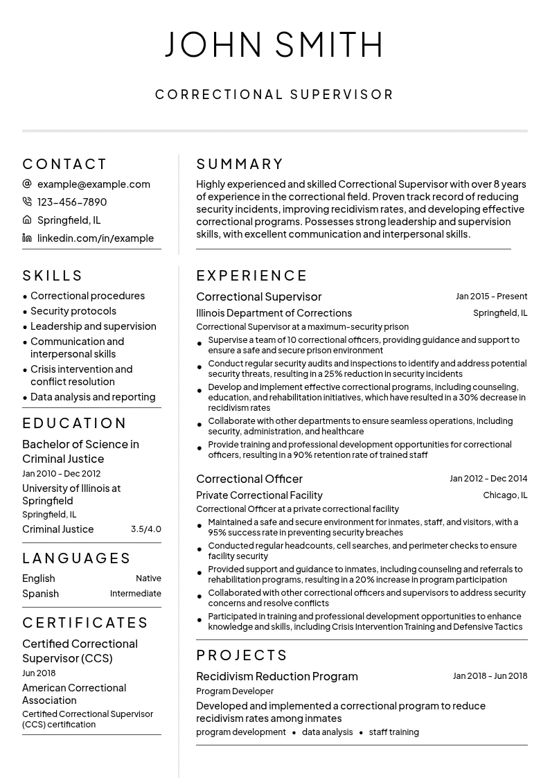 Correctional Supervisor resume example