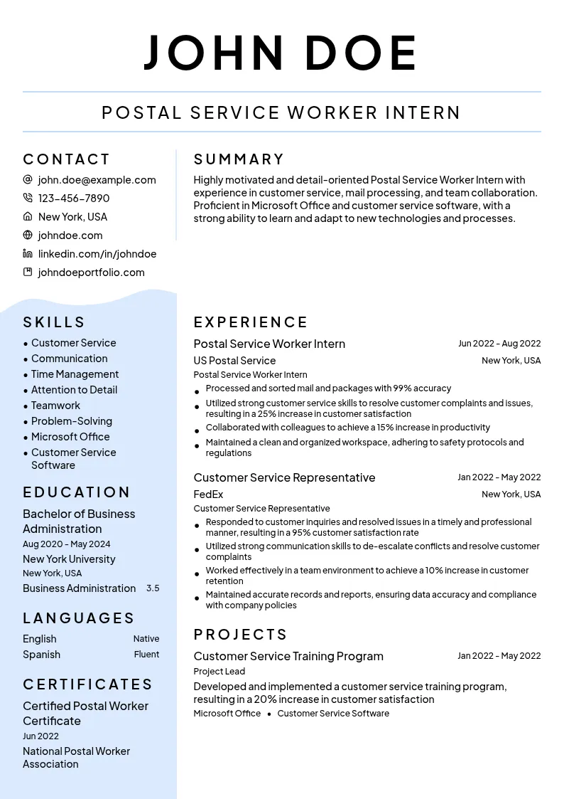 Postal Service Worker Intern resume example