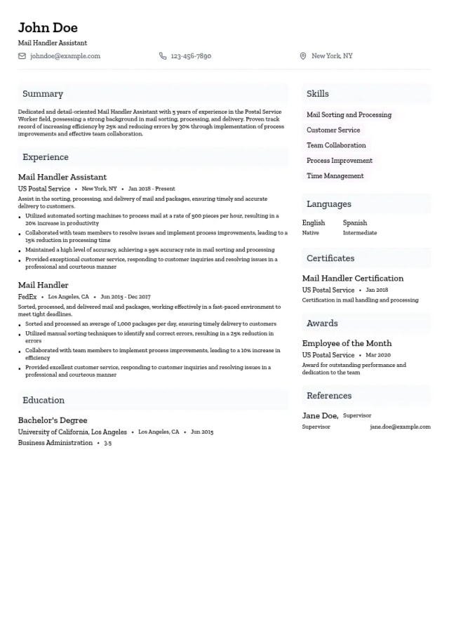 Mail Handler Assistant resume example