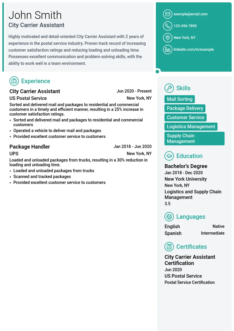 City Carrier Assistant resume example