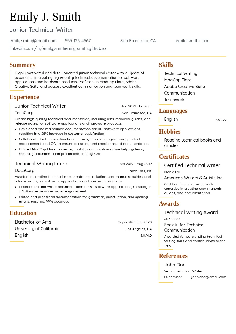 Junior Technical Writer resume example