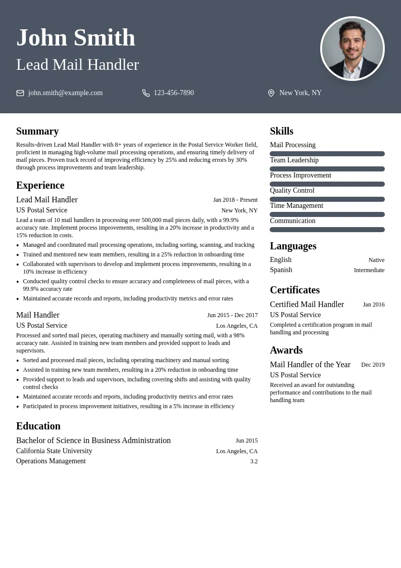 Lead Mail Handler resume example