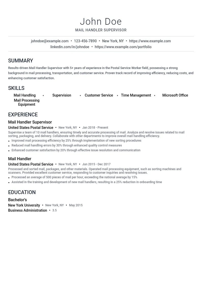 Mail Handler Supervisor resume example