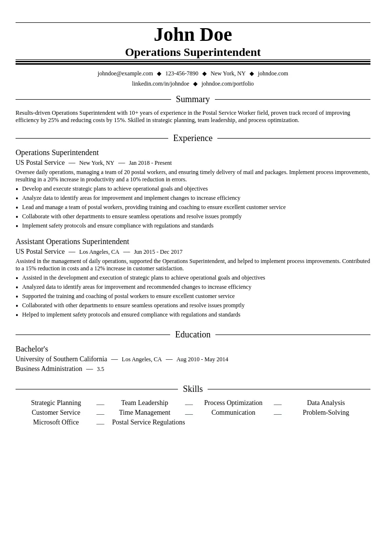 Operations Superintendent resume example