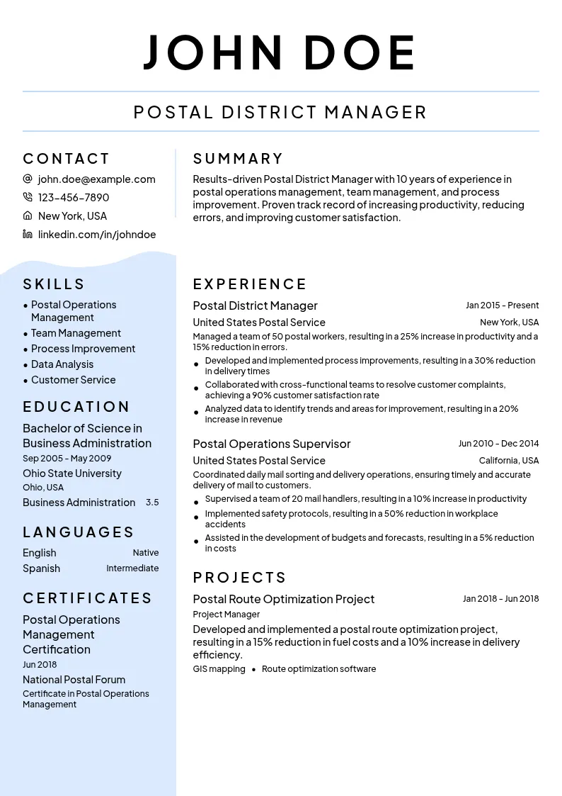 Postal District Manager resume example
