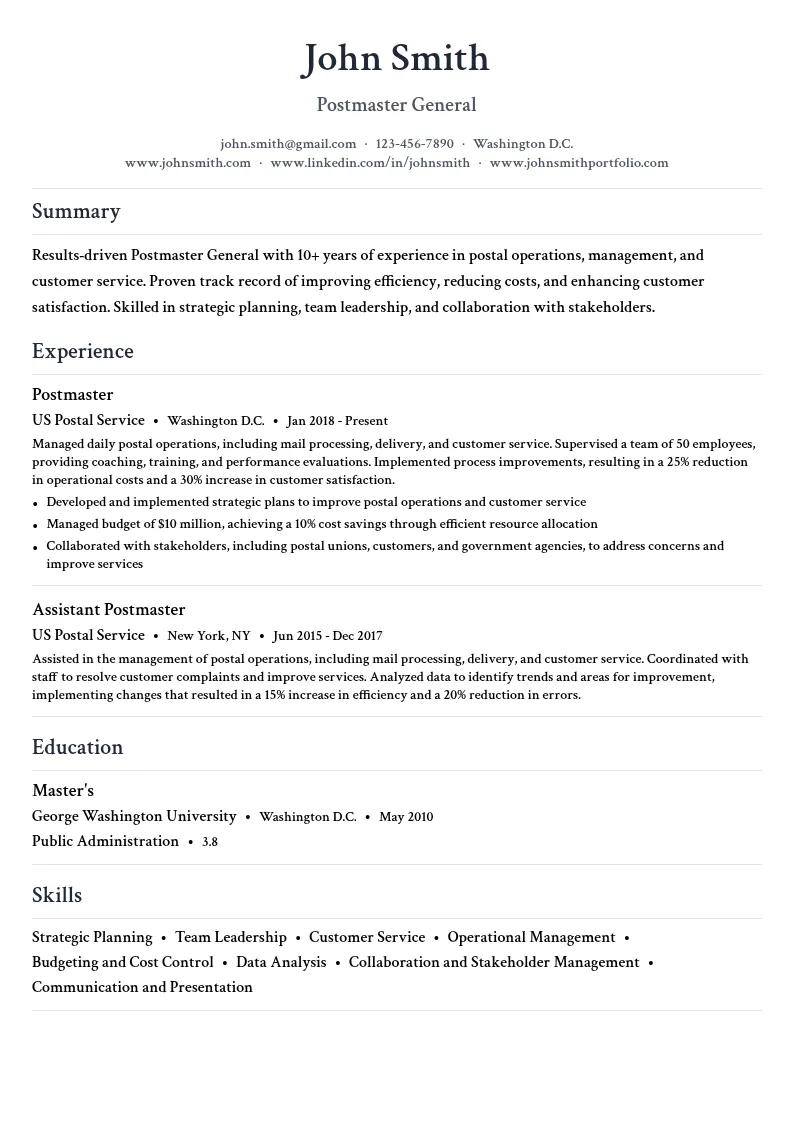 Postmaster General resume example
