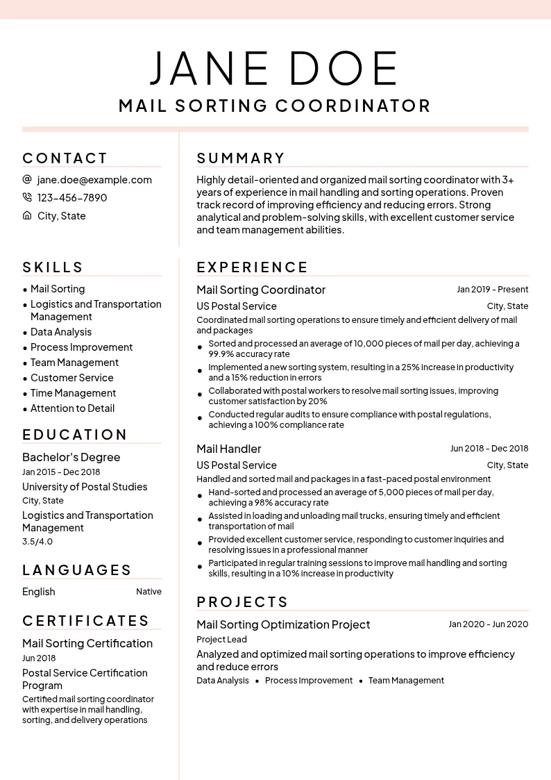 Mail Sorting Coordinator resume example