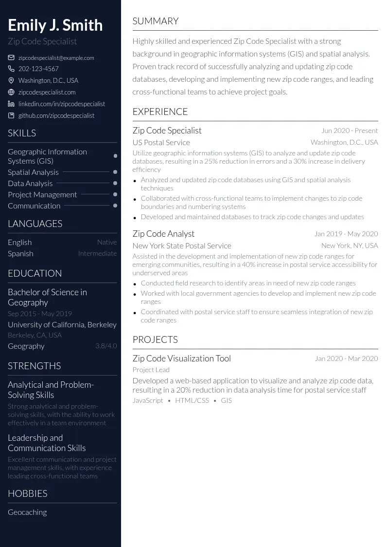 Zip Code Specialist resume example