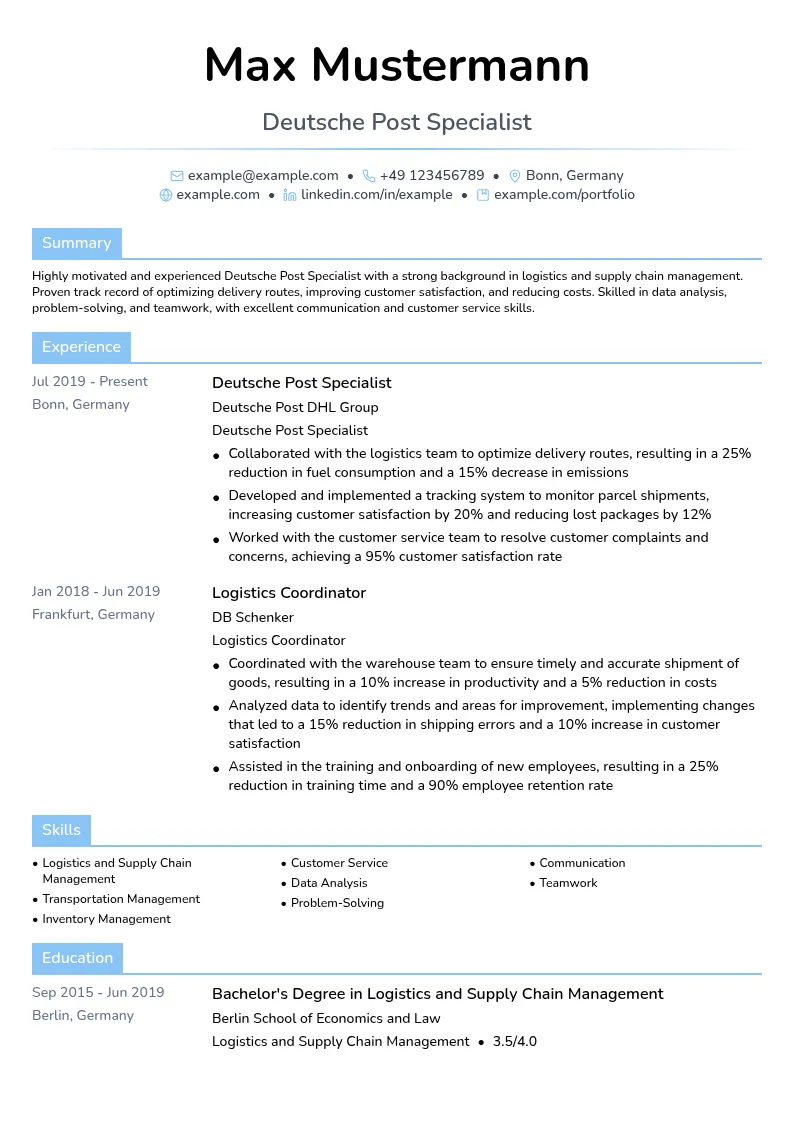Deutsche Post Specialist resume example