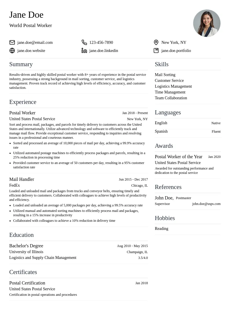 World Postal Worker resume example