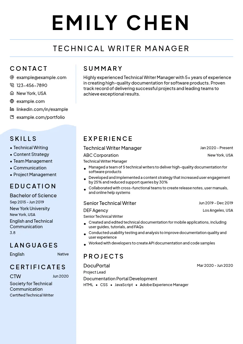 Technical Writer Manager resume example