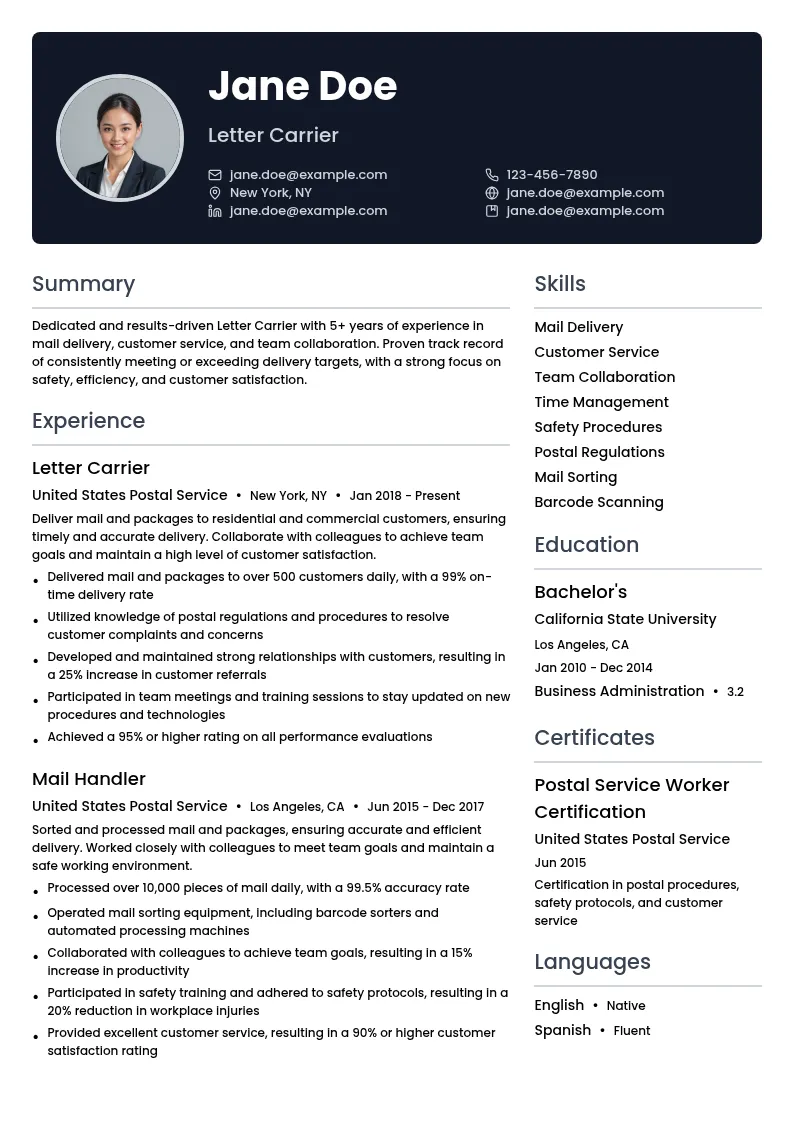 Letter Carrier resume example