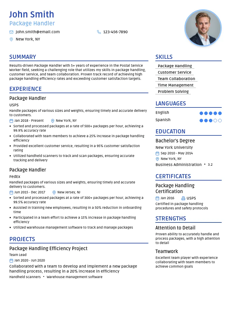 Package Handler resume example