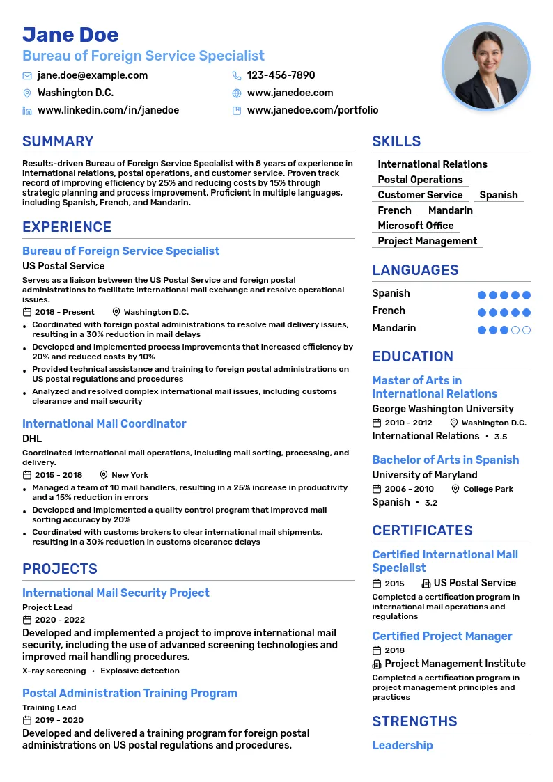 Bureau of Foreign Service Specialist resume example