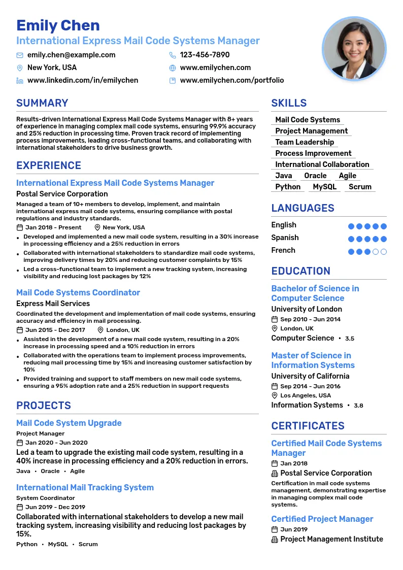 International Express Mail Code Systems Manager resume example