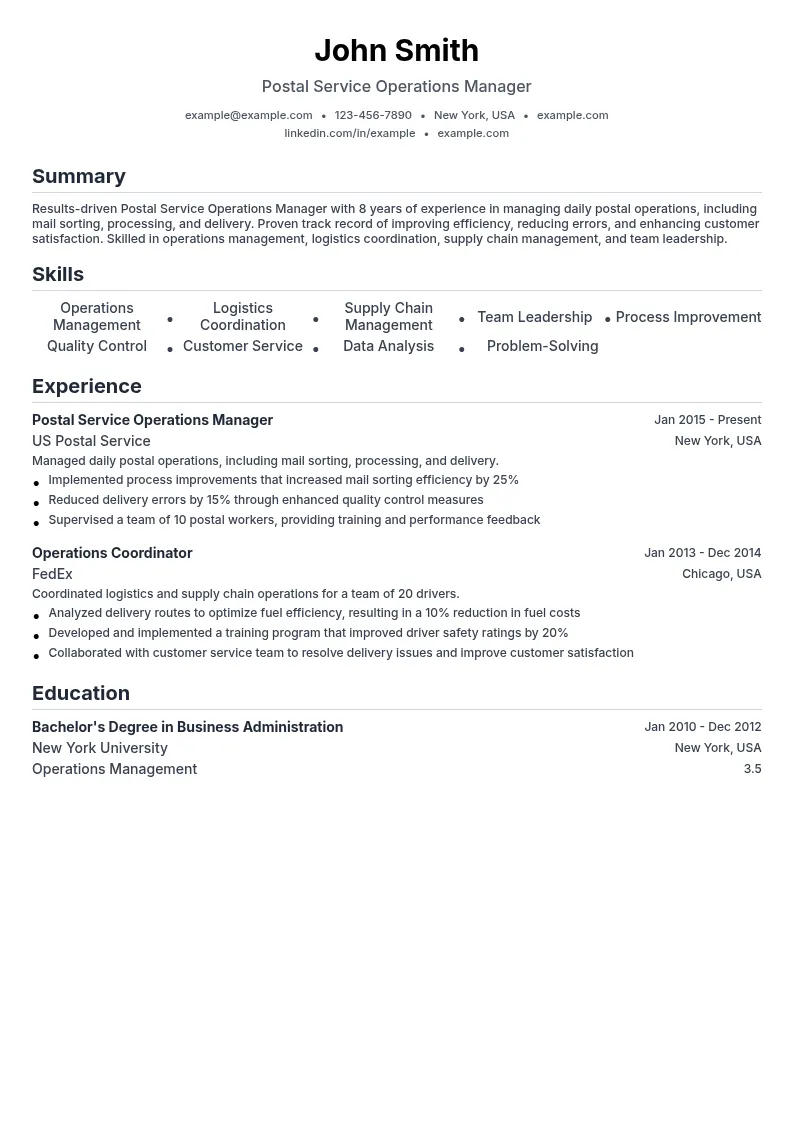 Postal Service Operations Manager resume example