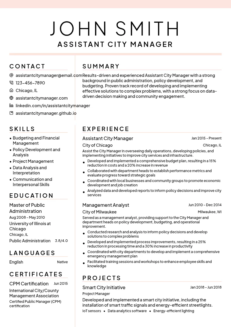 Assistant City Manager resume example