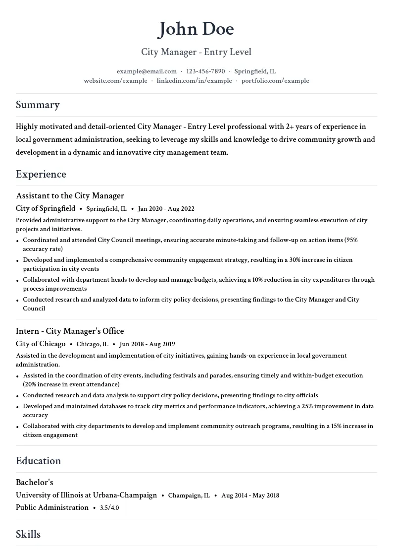 City Manager - Entry Level resume example