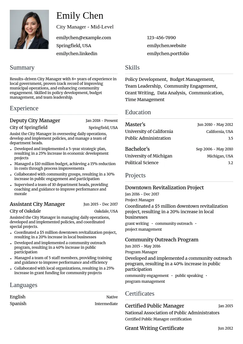 City Manager - Mid-Level resume example