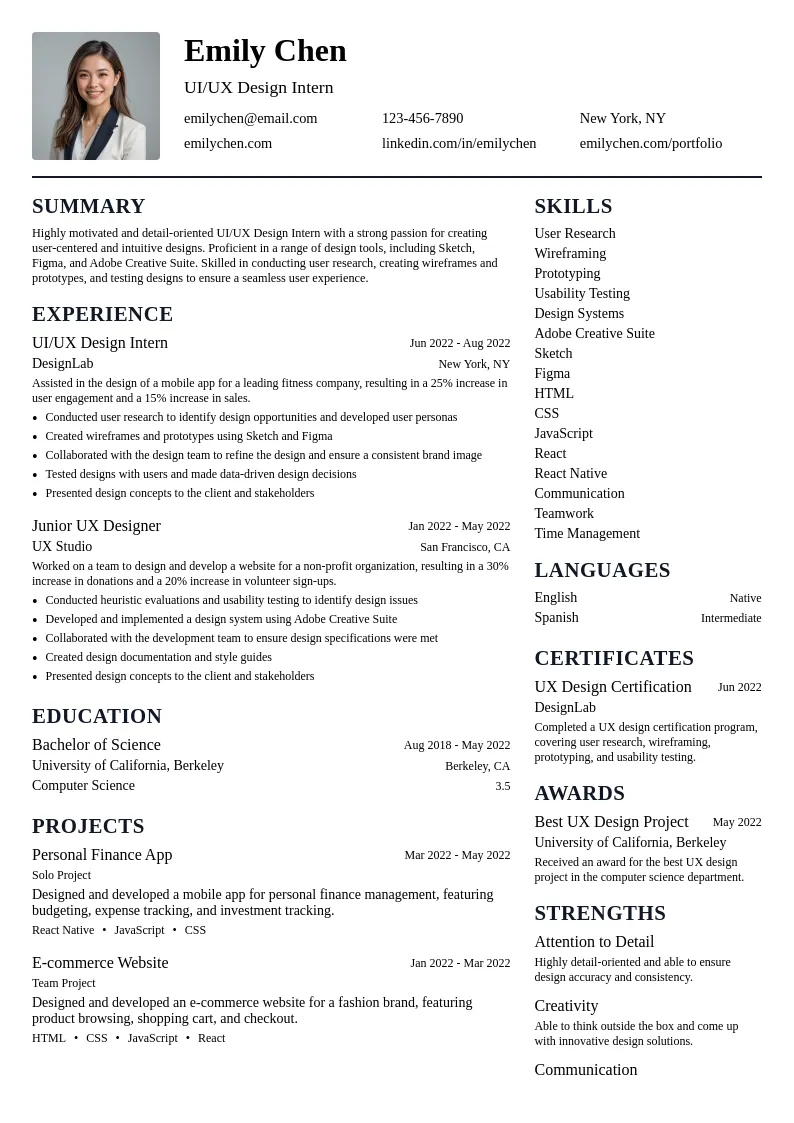 UI/UX Design Intern resume example