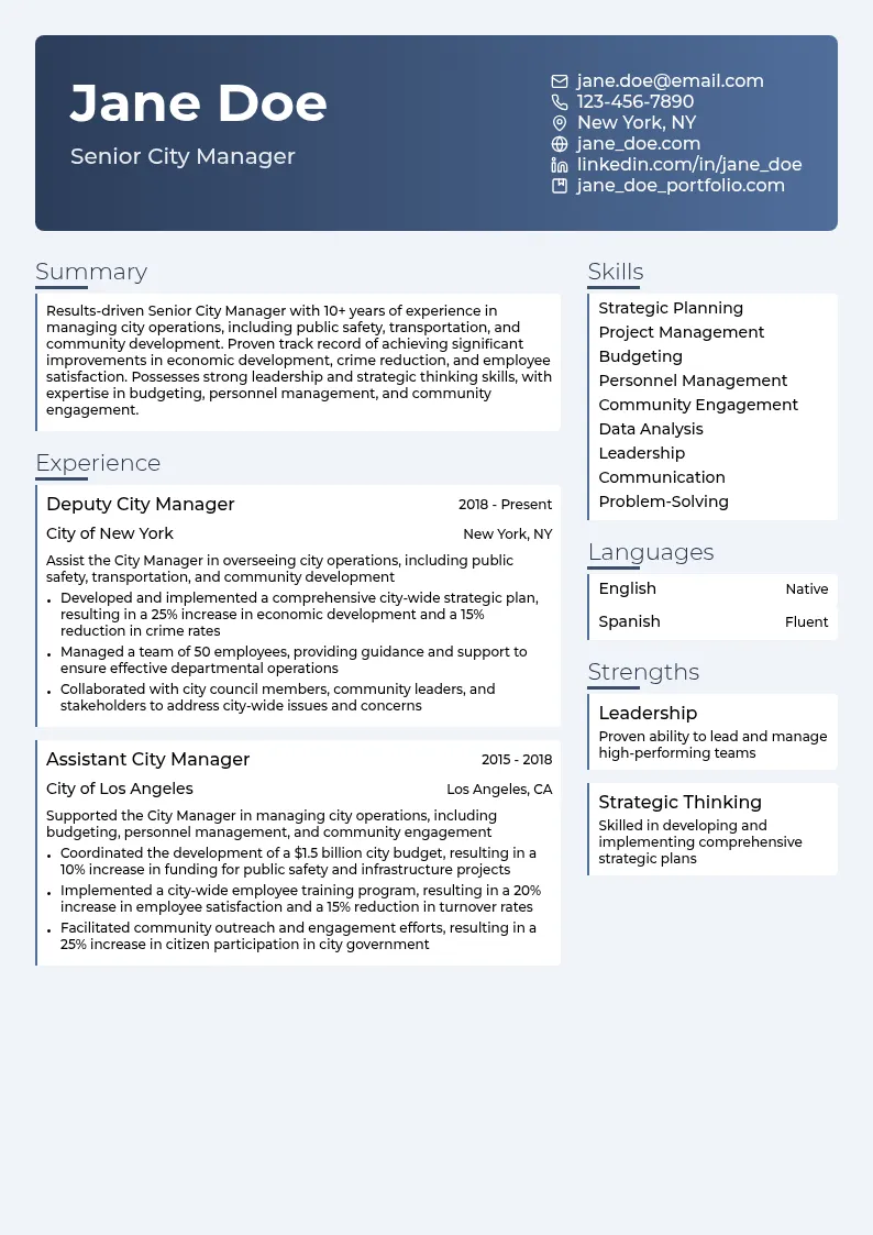 Senior City Manager resume example