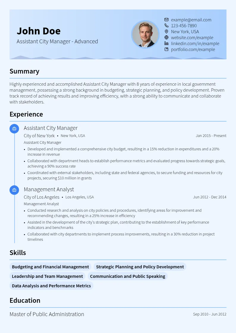 Assistant City Manager - Advanced resume example