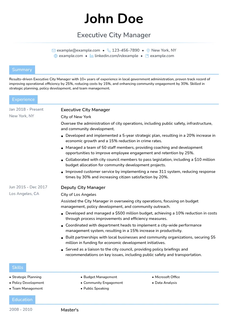 Executive City Manager resume example