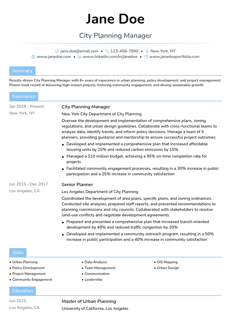 City Planning Manager resume example
