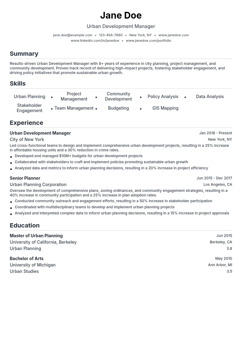 Urban Development Manager resume example