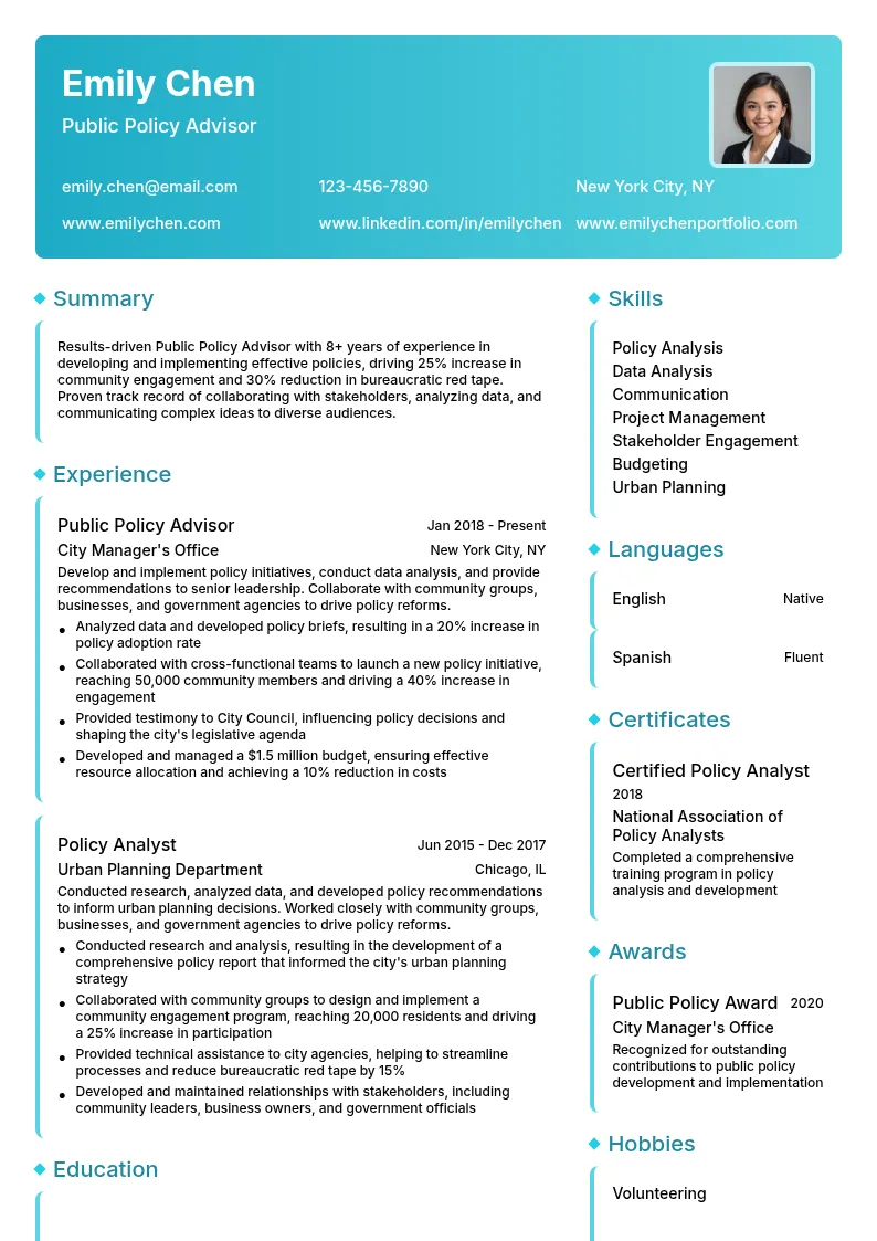 Public Policy Advisor resume example