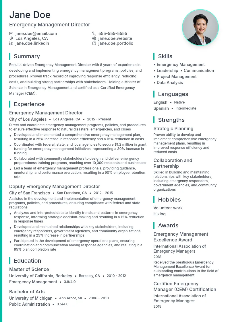 Emergency Management Director resume example