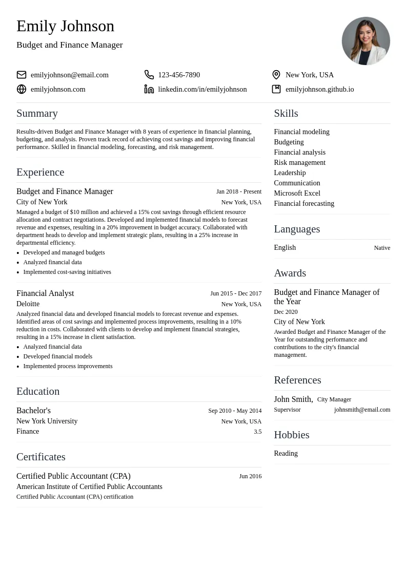 Budget and Finance Manager resume example