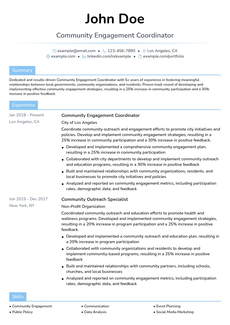Community Engagement Coordinator resume example