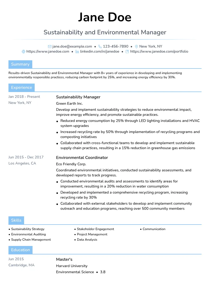 Sustainability and Environmental Manager resume example
