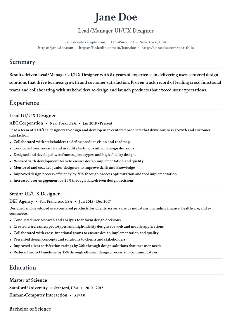 Lead/Manager UI/UX Designer resume example