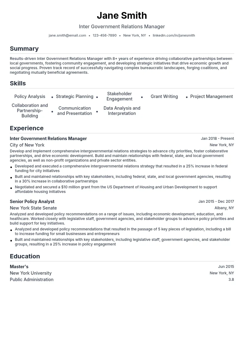 Inter government Relations Manager resume example