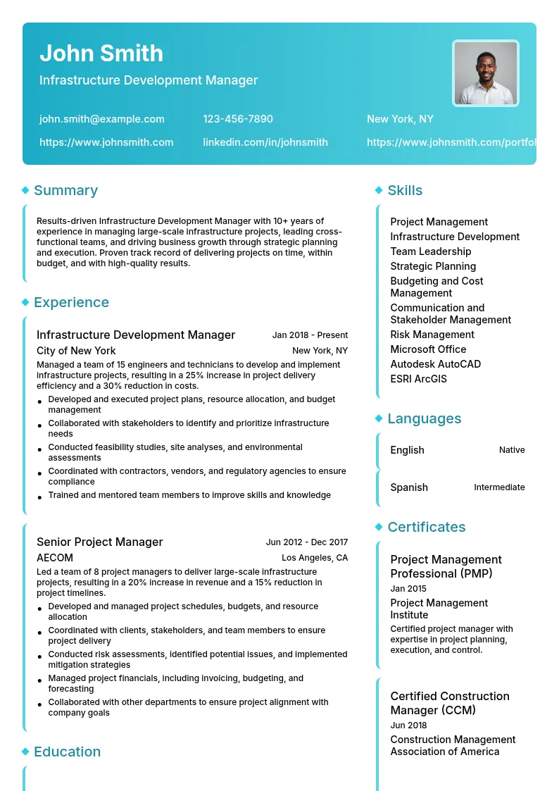 Infrastructure Development Manager resume example