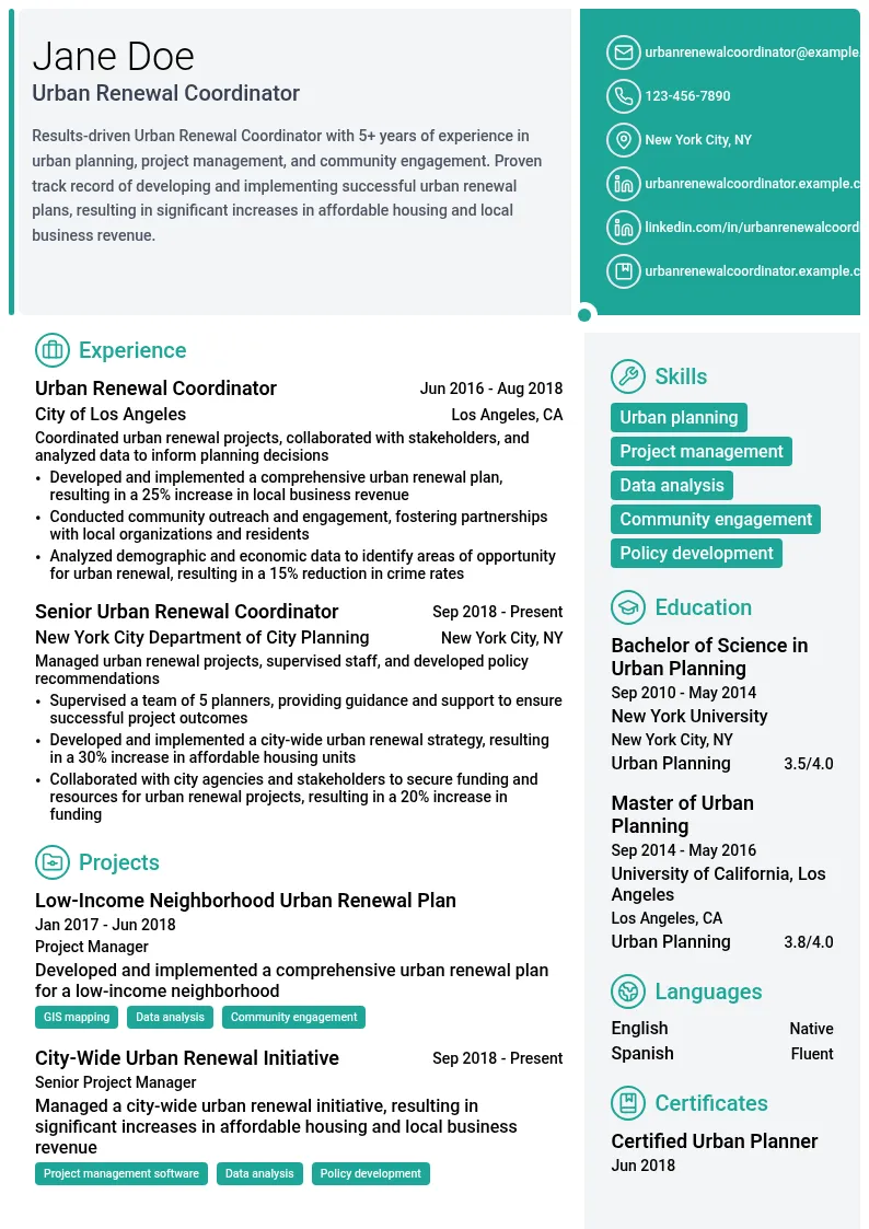 Urban Renewal Coordinator resume example