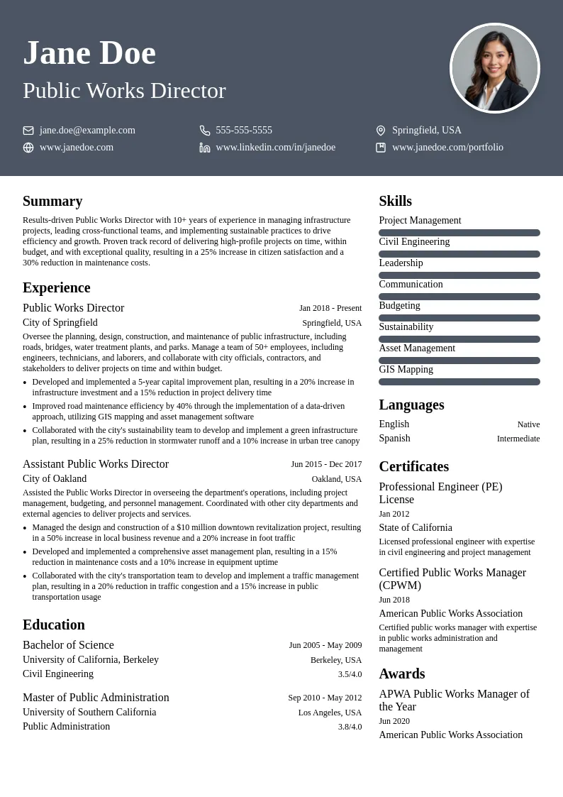 Public Works Director resume example
