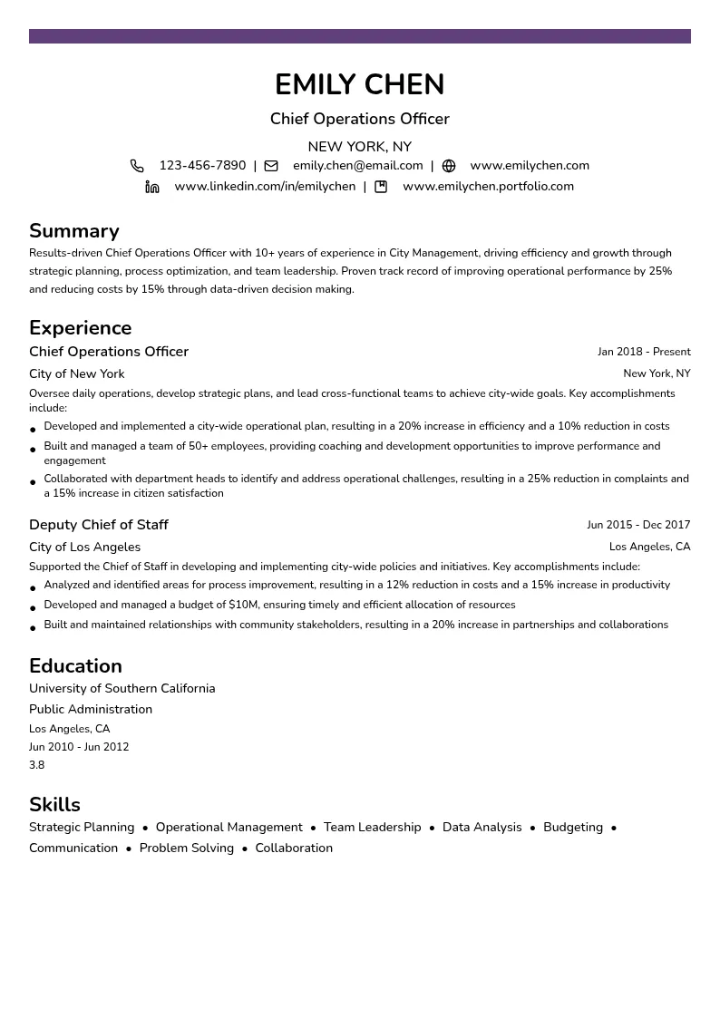 Chief Operations Officer resume example