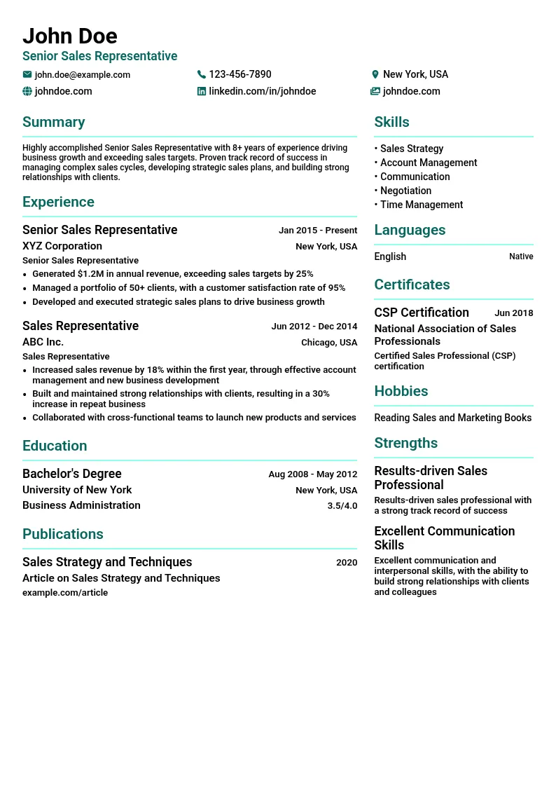 Senior Sales Representative resume example