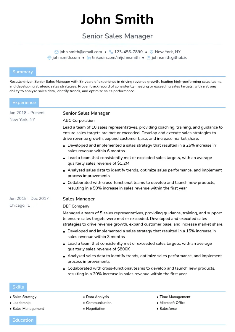 Senior Sales Manager resume example