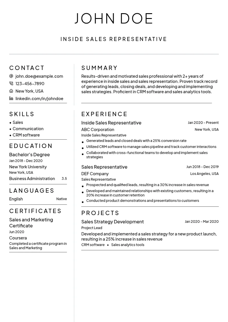 Inside Sales Representative resume example