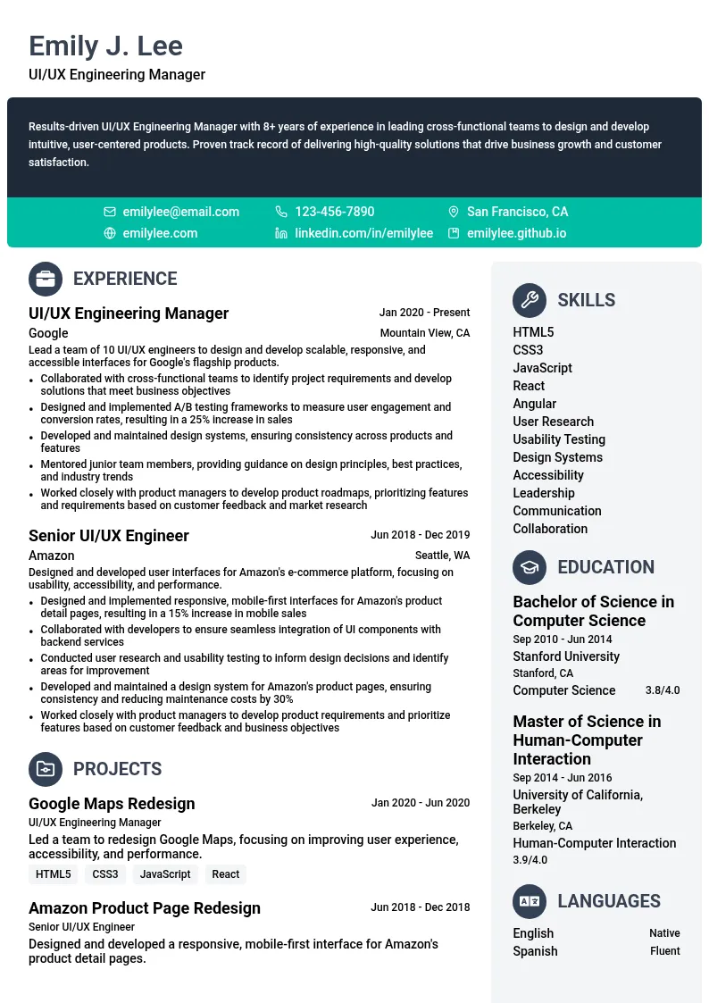 UI/UX Engineering Manager resume example