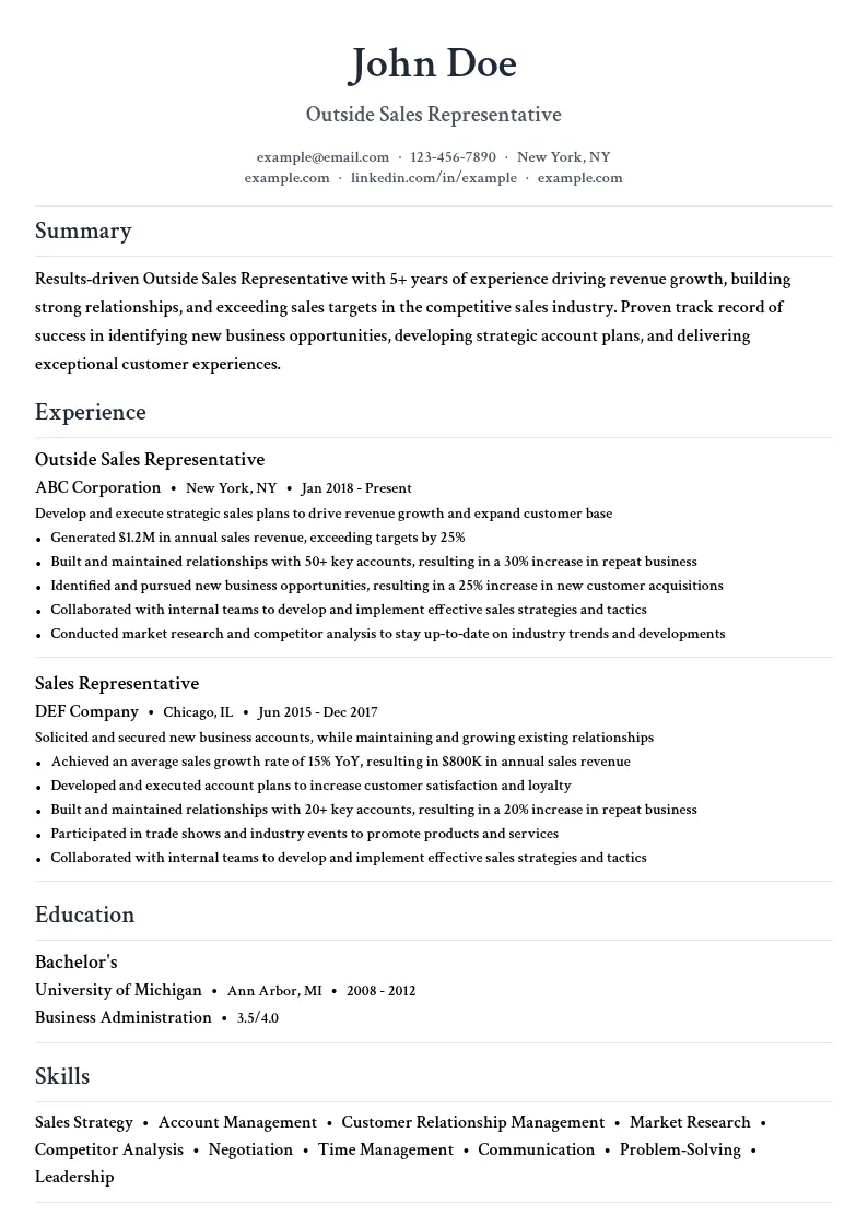 Outside Sales Representative resume example