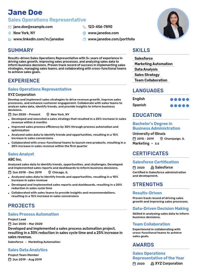 Sales Operations Representative resume example