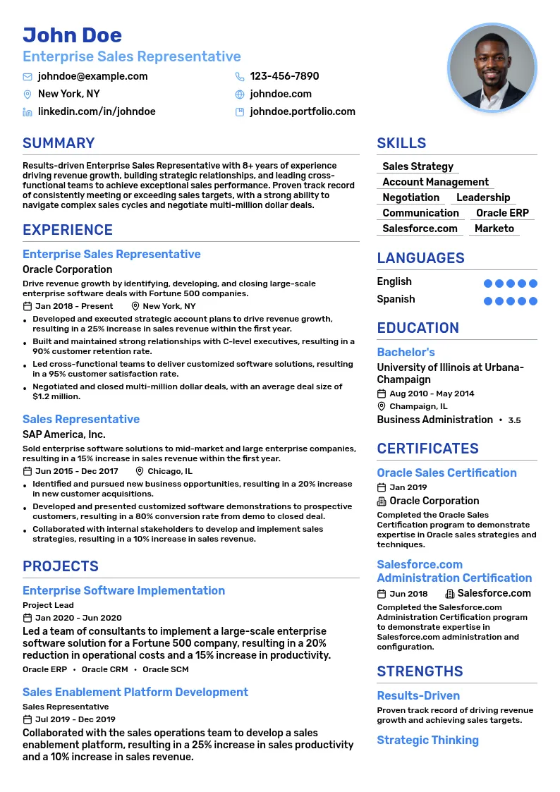 Enterprise Sales Representative resume example